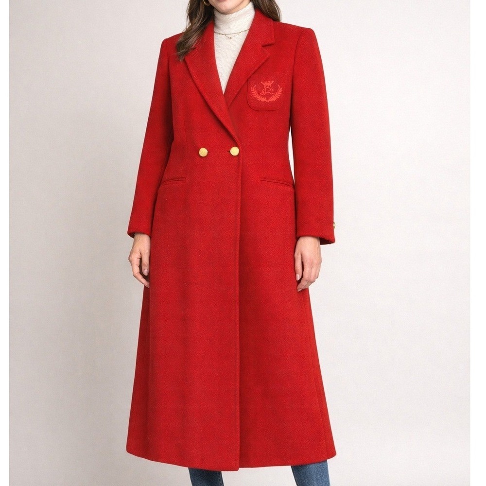 Vintage Paris Sport Club Red Wool Overcoat Womens L‎ Double Breasted Long USA